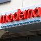 A sign at the Moderna headquarters is seen in Cambridge, Massachusetts.